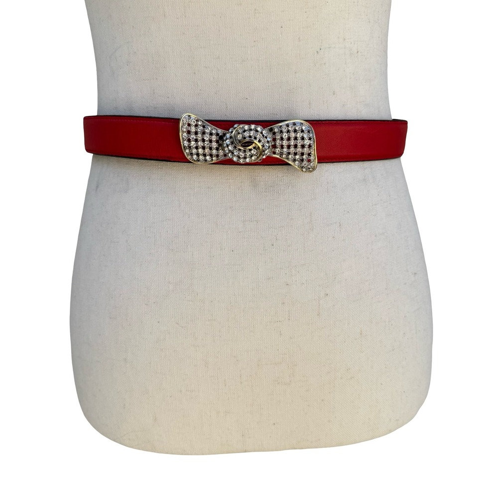 Alan Austin Vintage Red Italian Leather Belt Rhinestone Bow Buckle Made in Italy